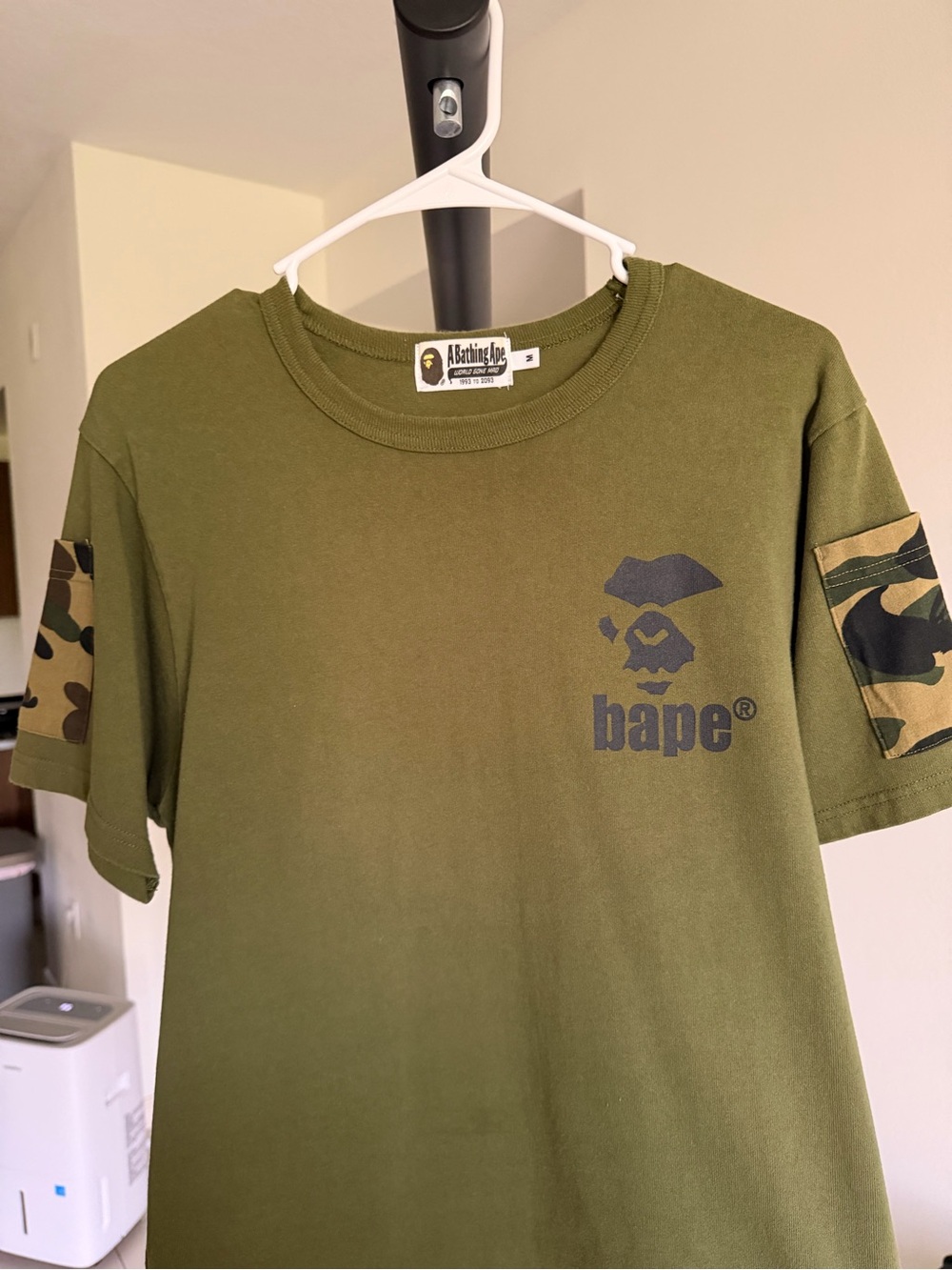 BAPE Mens Olive Green Logo Tee with Camo Sleeve Accents